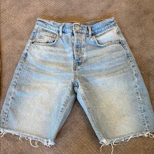 We The Free Light Blue High-Rise Distressed Denim Bermudas
